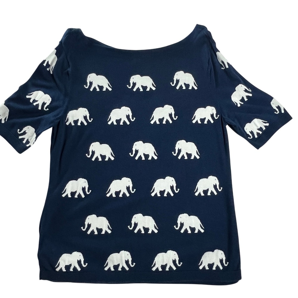 Talbots Elephant Print Knit Top Blue Boat Neck 3/4 Sleeve Womens L
